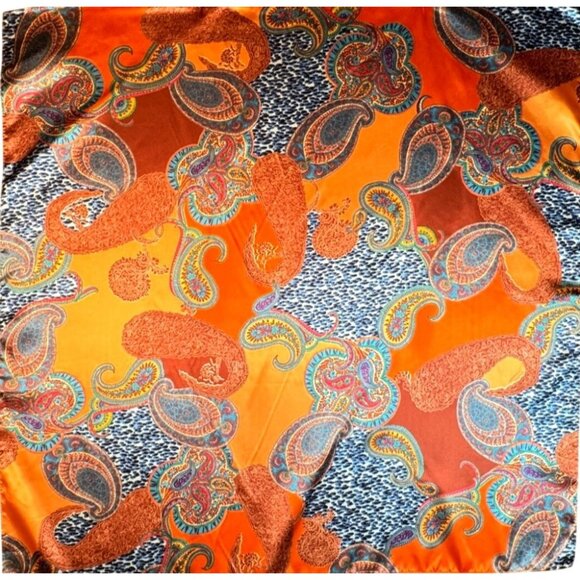 2/$30 Rich Design of Paisley Pattern Orange & Blue Silk Printed Fashion Scarf - Picture 4 of 9